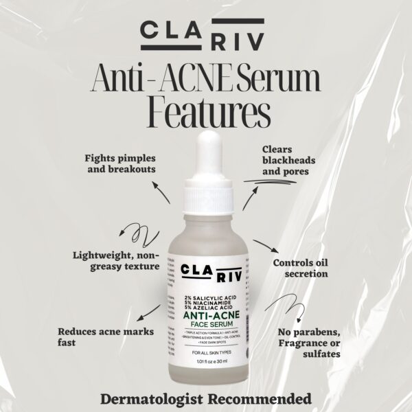 CLARIV Anti-Acne Face Serum with 2% Salicylic Acid, 5% Niacinamide & 5% Azelaic Acid - Image 5