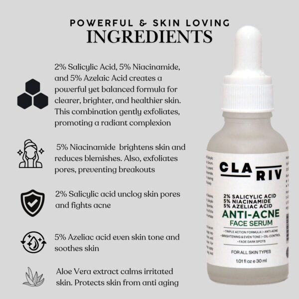 CLARIV Anti-Acne Face Serum with 2% Salicylic Acid, 5% Niacinamide & 5% Azelaic Acid - Image 6